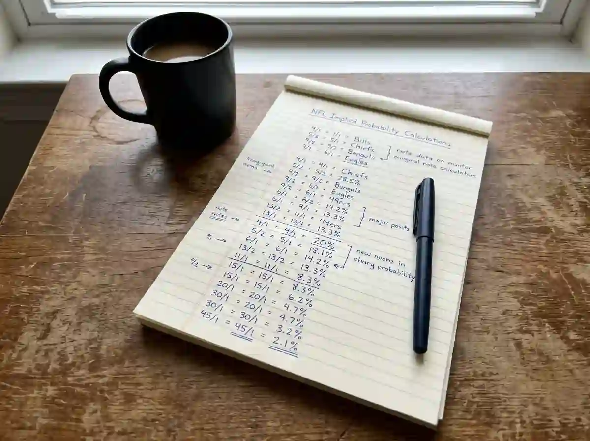 Notebook page filled with handwritten odds conversion calculations next to a coffee cup on a wooden desk