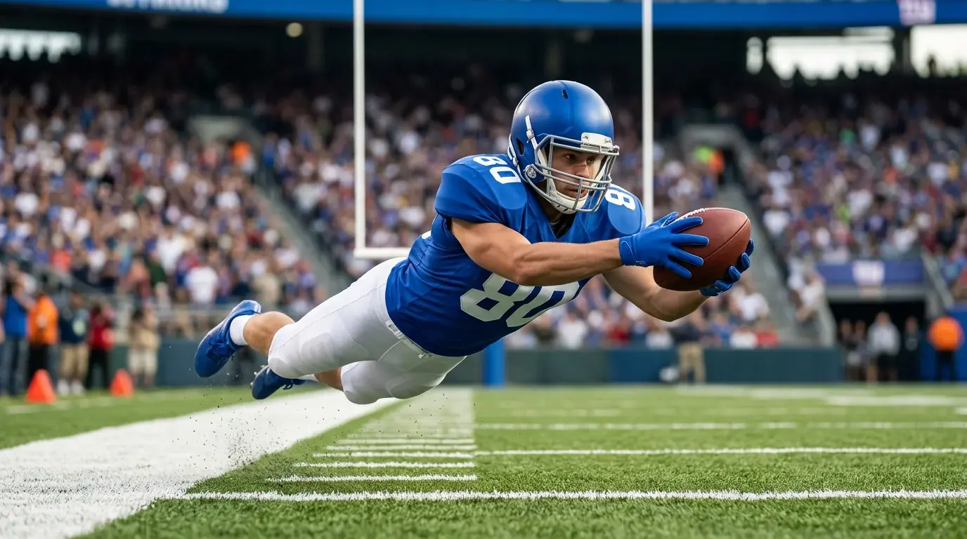 NFL wide receiver in helmet and pads catching the ball mid-air over green grass turf inside the end zone
