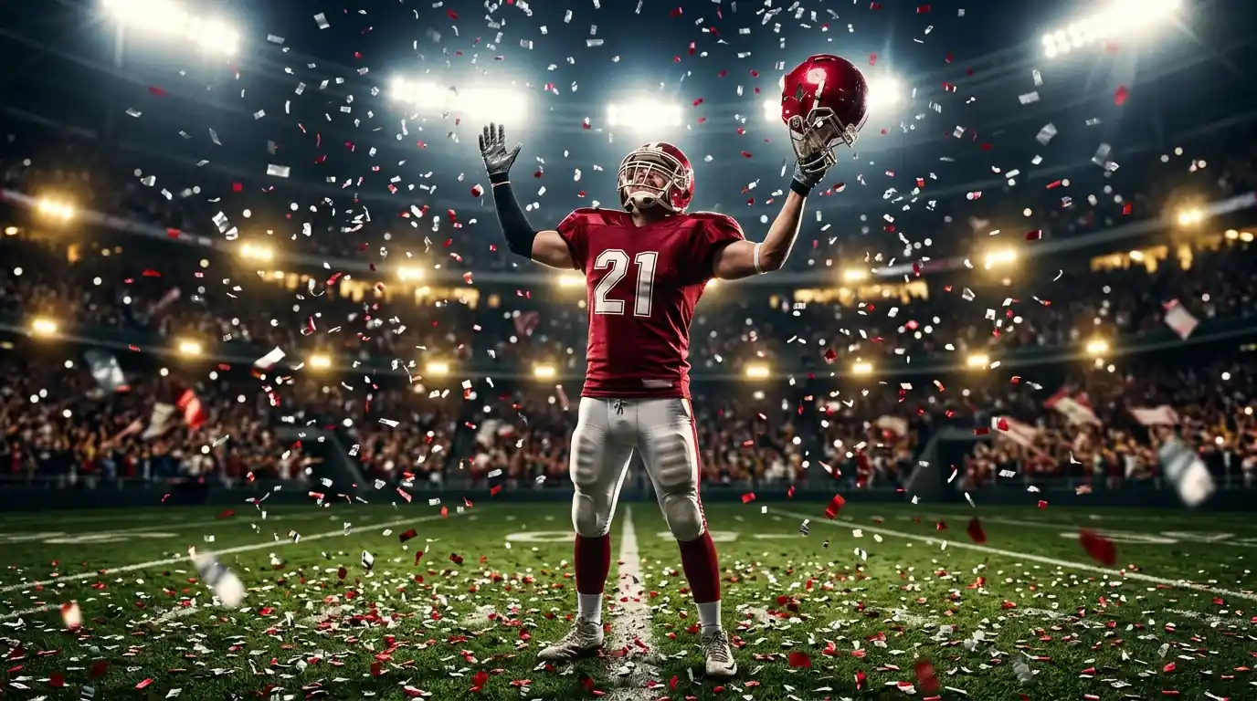 NFL player in helmet and shoulder pads celebrating on a confetti-covered grass field under bright stadium lights